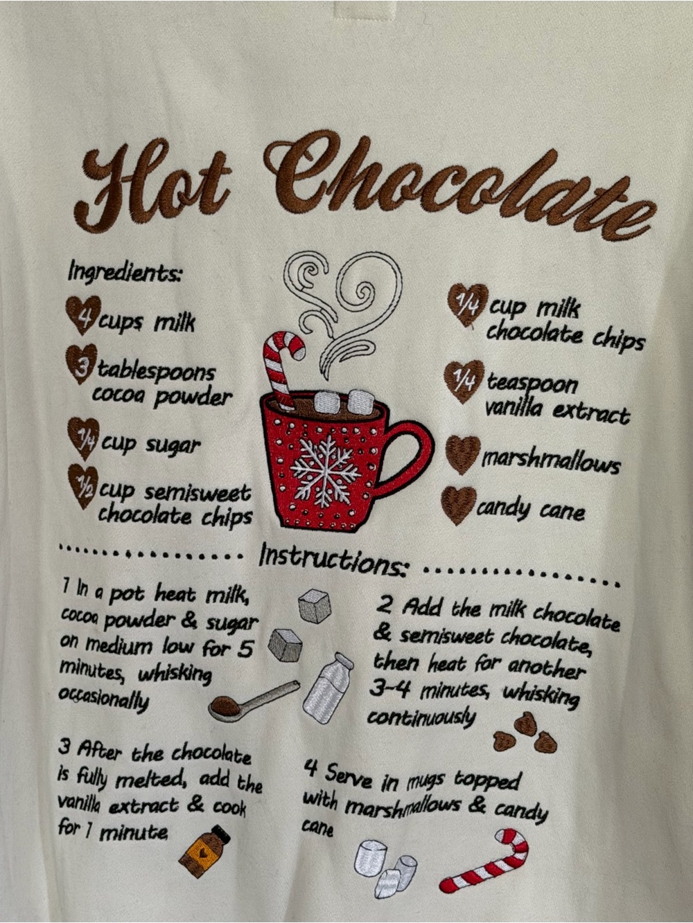 Women’s White Crewneck Sweatshirt with Red Hot Cocoa Graphic and Recipe - Picture 4 of 5